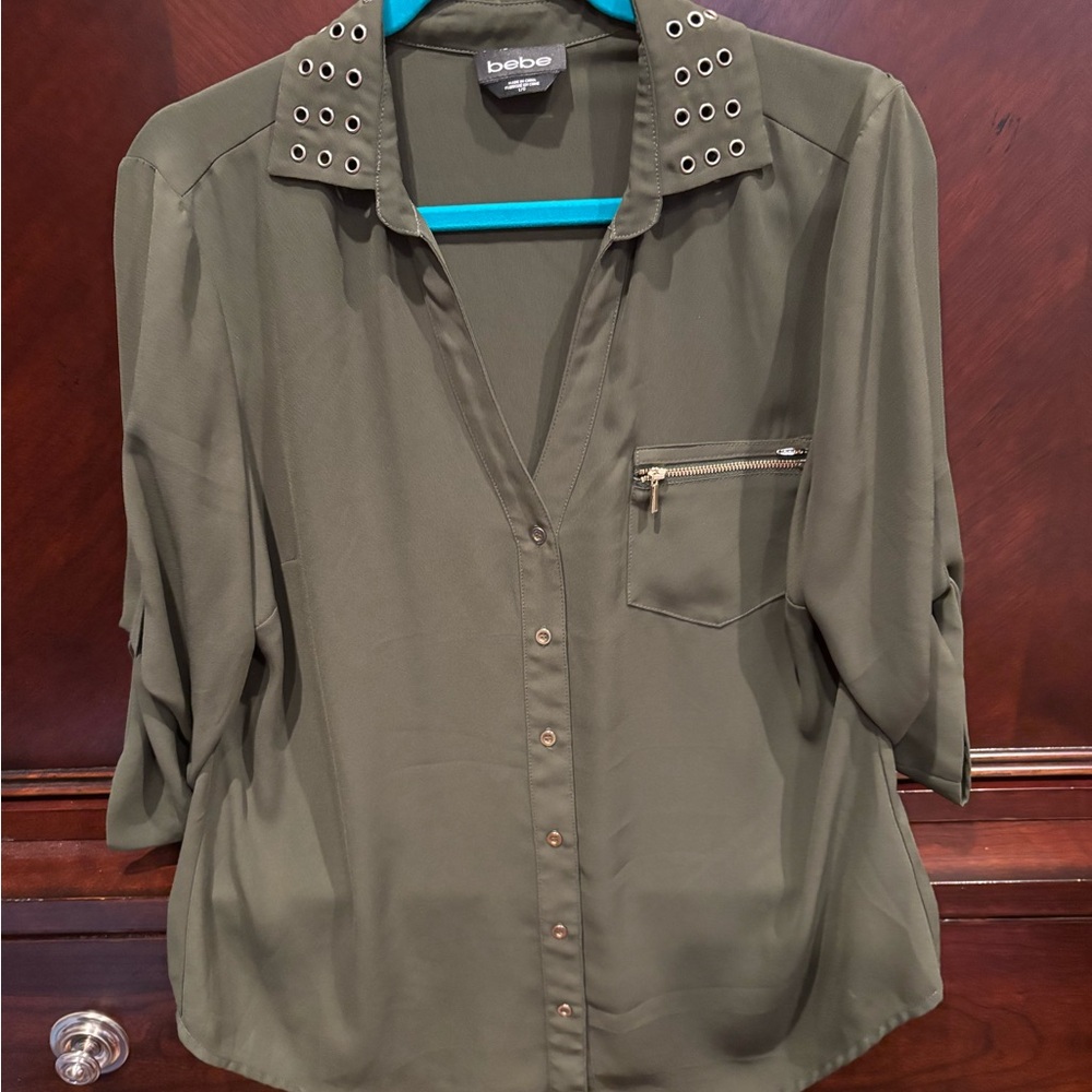 bebe Olive Eyelet Collar Button-Down Shirt